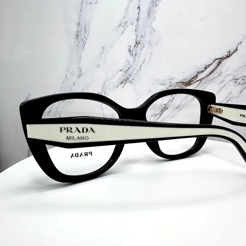 New PRADA Eyeglasses Cat Eye Black White Gold 53-17-140 Womens - Picture 14 of 16
